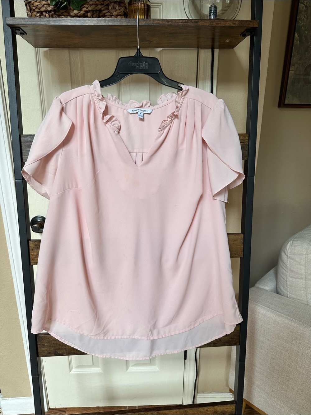 41 Hawthorn Blush Pink Ruffled V-Neck Flutter Sleeve Blouse - Picture 2 of 4